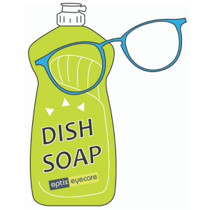 Greem dish soap bottle with blue eye glasses