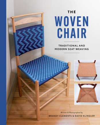 The Woven Chair book, by Brandy Clements & David Klingler book cover of The Woven Chair, Traditional and Modern Chair Seating. 2-tone blue shaker tape chair with woven seat and back. Also featured are Danish cord and paper rush seats.